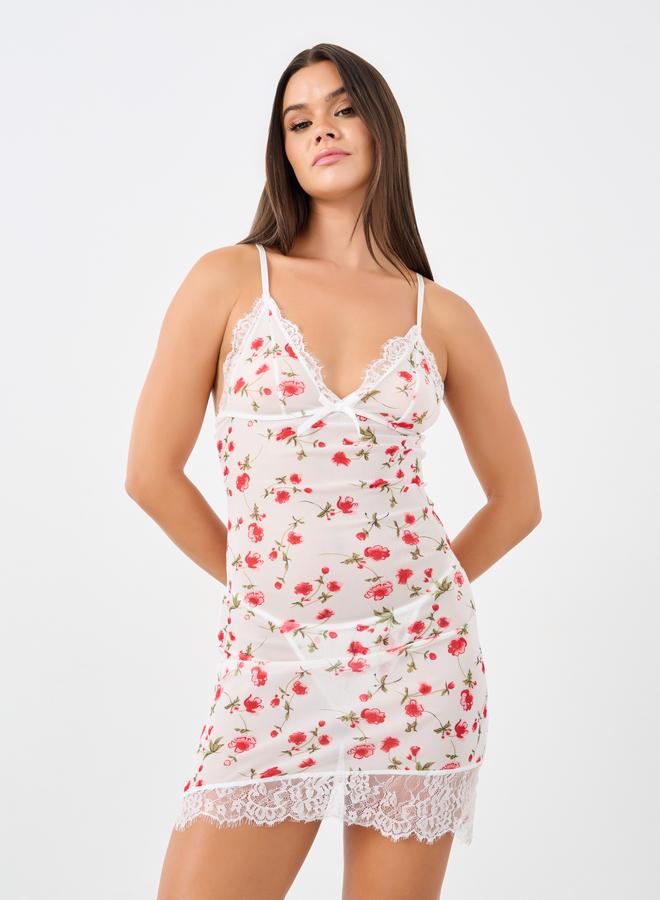 Styli Floral Print Slip Dress with Lace Edge and Thong Set - Image 1