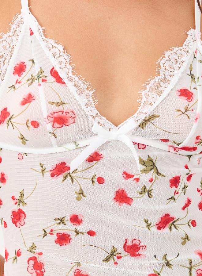 Styli Floral Print Slip Dress with Lace Edge and Thong Set - Image 3