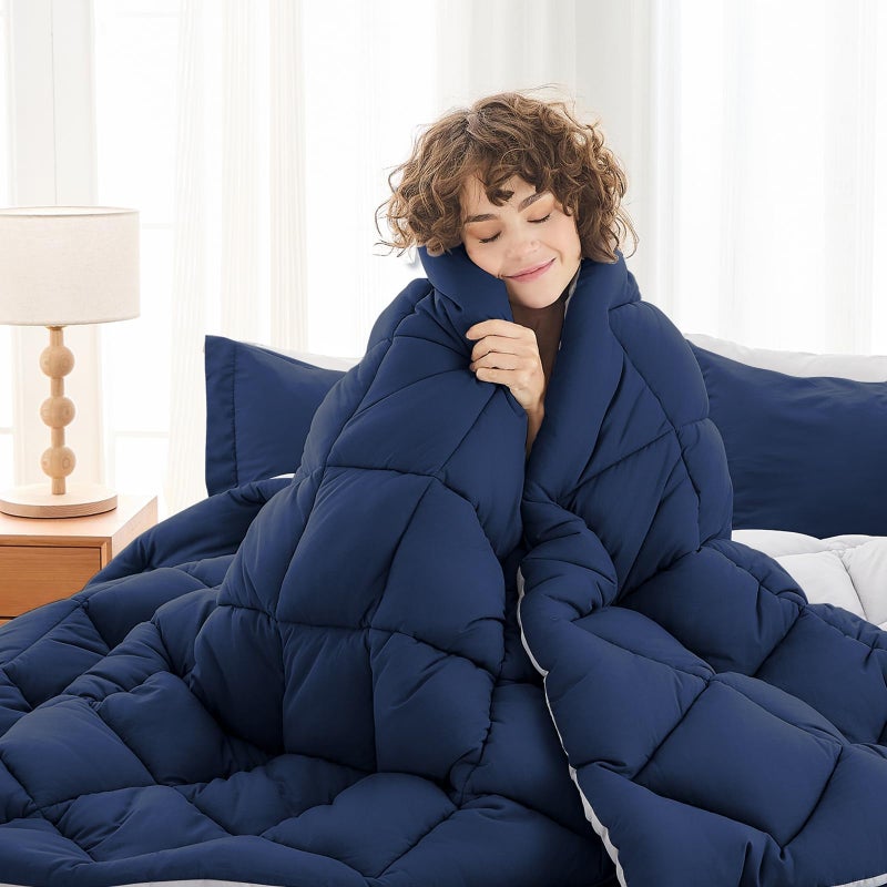 MUXHOMO 7 Pieces Queen Comforter Set, Reversible Bed in a Bag Queen Size, All Season Bedding Set with Comforter, Flat Sheet, Fitted Sheet, Pillowcases & Shams, Navy & Light Grey - Image 2