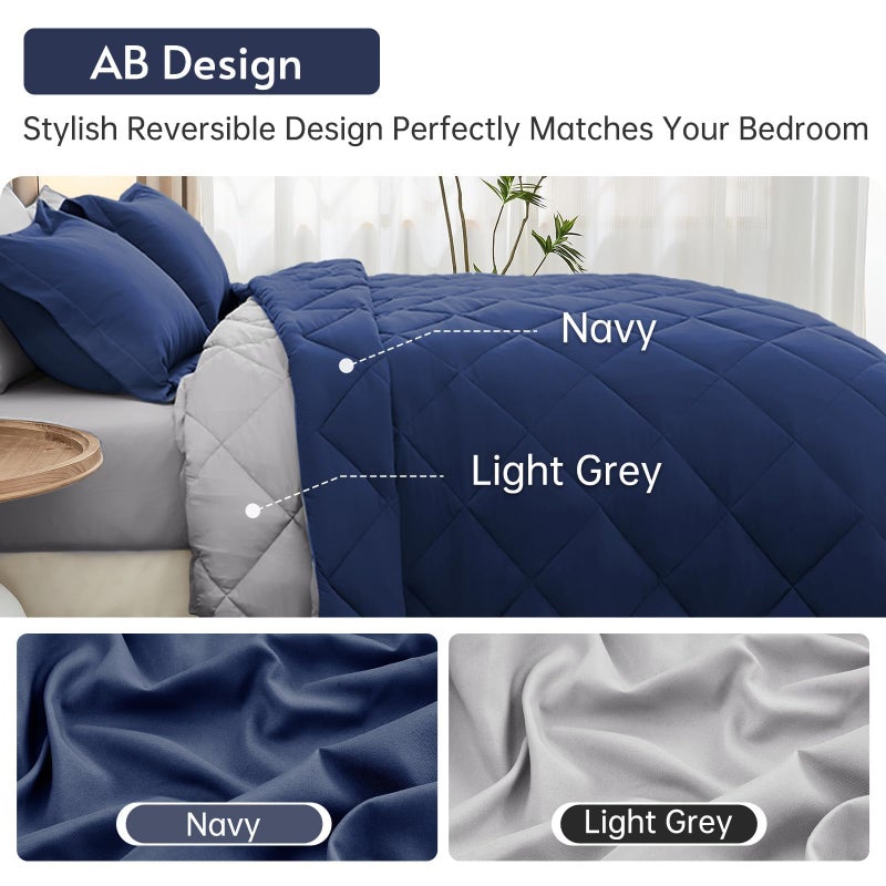 MUXHOMO 7 Pieces Queen Comforter Set, Reversible Bed in a Bag Queen Size, All Season Bedding Set with Comforter, Flat Sheet, Fitted Sheet, Pillowcases & Shams, Navy & Light Grey - Image 3