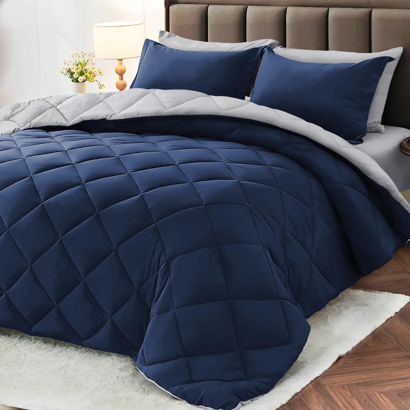 MUXHOMO 7 Pieces Queen Comforter Set, Reversible Bed in a Bag Queen Size, All Season Bedding Set with Comforter, Flat Sheet, Fitted Sheet, Pillowcases & Shams, Navy & Light Grey - Image 1
