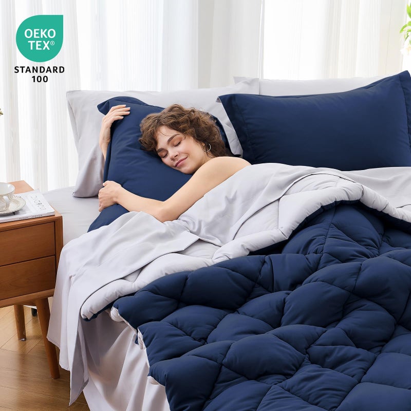 MUXHOMO 7 Pieces Queen Comforter Set, Reversible Bed in a Bag Queen Size, All Season Bedding Set with Comforter, Flat Sheet, Fitted Sheet, Pillowcases & Shams, Navy & Light Grey - Image 4
