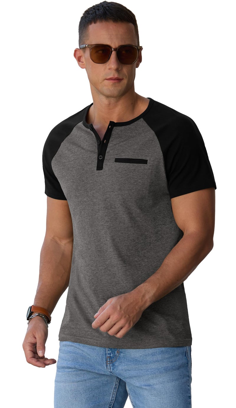 Sailwind Mens Cotton Henley Shirts Short Sleeve Casual T-Shirts Summer Button Big and Tall T Shirts with Pocket Dark Gray Black - Image 5