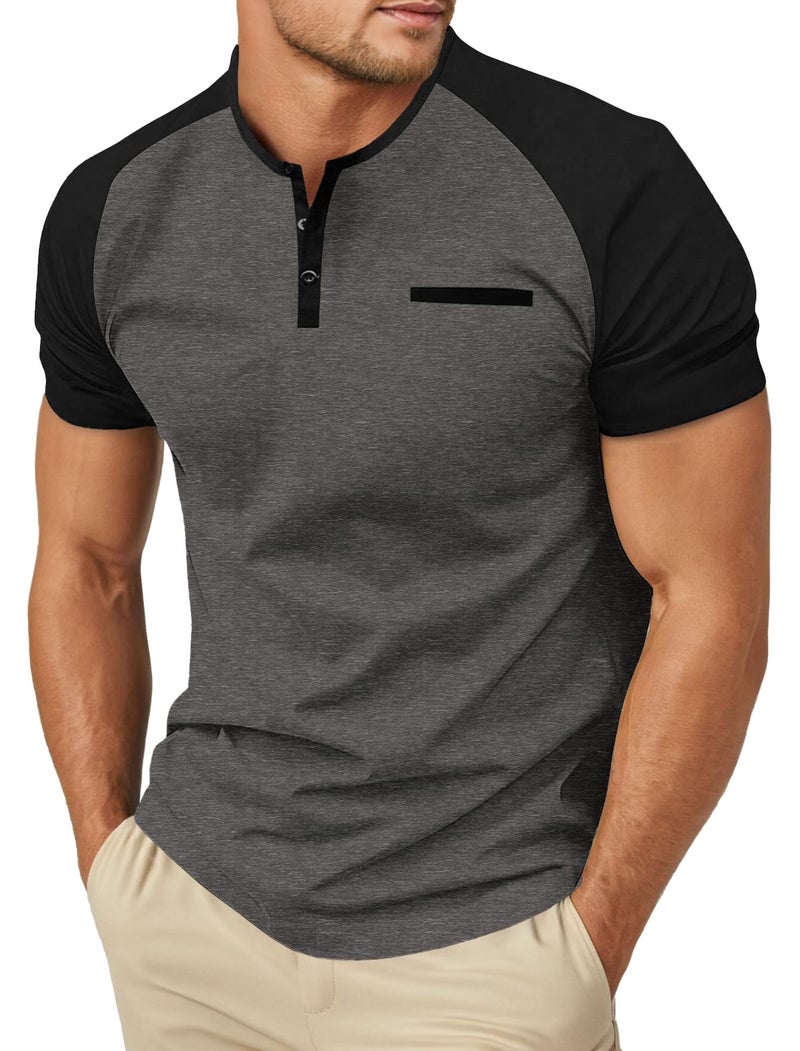 Sailwind Mens Cotton Henley Shirts Short Sleeve Casual T-Shirts Summer Button Big and Tall T Shirts with Pocket Dark Gray Black - Image 1