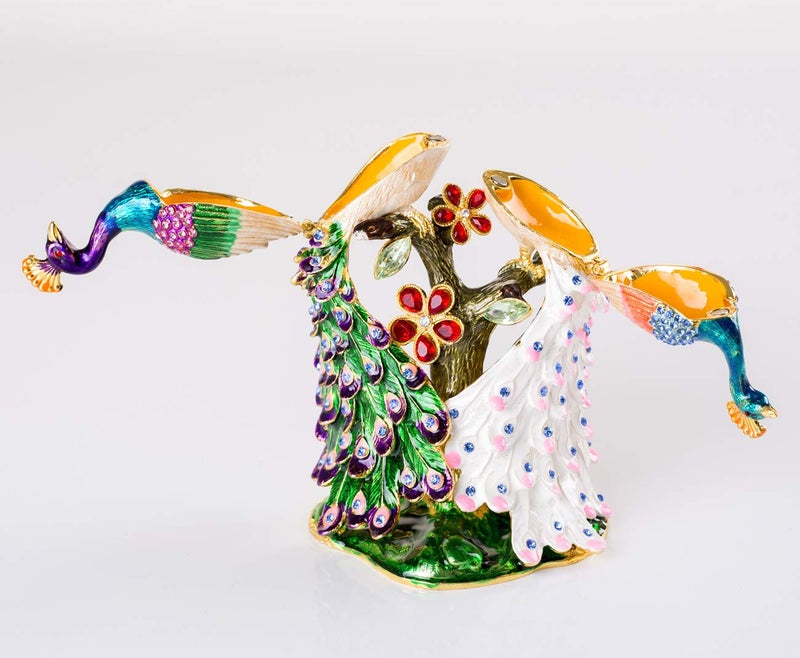 SEVENBEES Hand Painted Pair of Peacocks Figurine Enamel Hinged Jewelry Trinket Box - Image 5