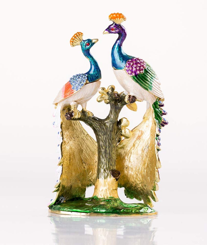 SEVENBEES Hand Painted Pair of Peacocks Figurine Enamel Hinged Jewelry Trinket Box - Image 3