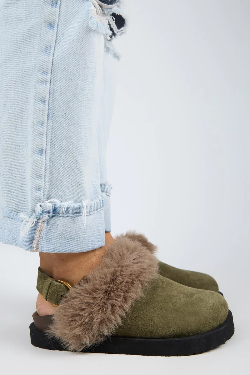 Manijero Manijero Antonella Women's Fur-Lined Genuine Leather Platform Clogs with Back Strap in Khaki