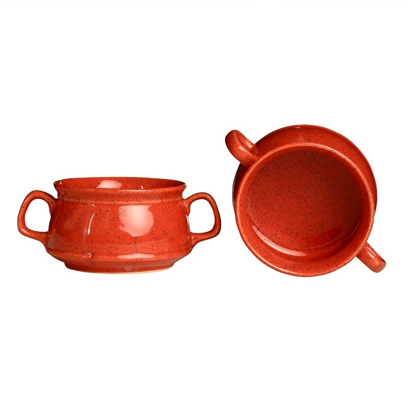 Caffeine Caffeine Ceramic Handmade Red Double Handle Soup Bowls with Spoon Set of 2 - Image 1