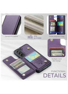 CaseMe Wallet Case for Samsung Galaxy S21 FE, Premium Handmade Durable PU Leather Slim Shockproof Case with [Double Magnetic Clasp] [Card Holder] [Kickstand] [RFID Blocking] (Purple)  - Image 4