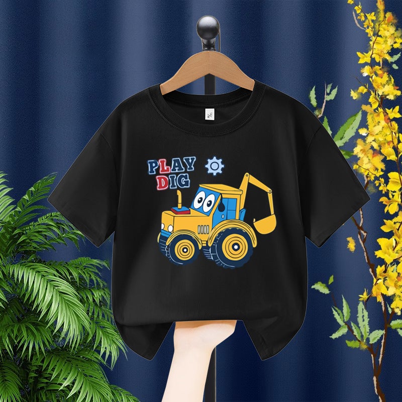 Boys Short-sleeved T-shirt 2025 Digger Cartoon Printing Children's Summer Middle and Large Children's Pure Cotton Boys Casual Top - Image 5