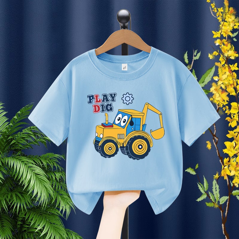 Boys Short-sleeved T-shirt 2025 Digger Cartoon Printing Children's Summer Middle and Large Children's Pure Cotton Boys Casual Top - Image 1