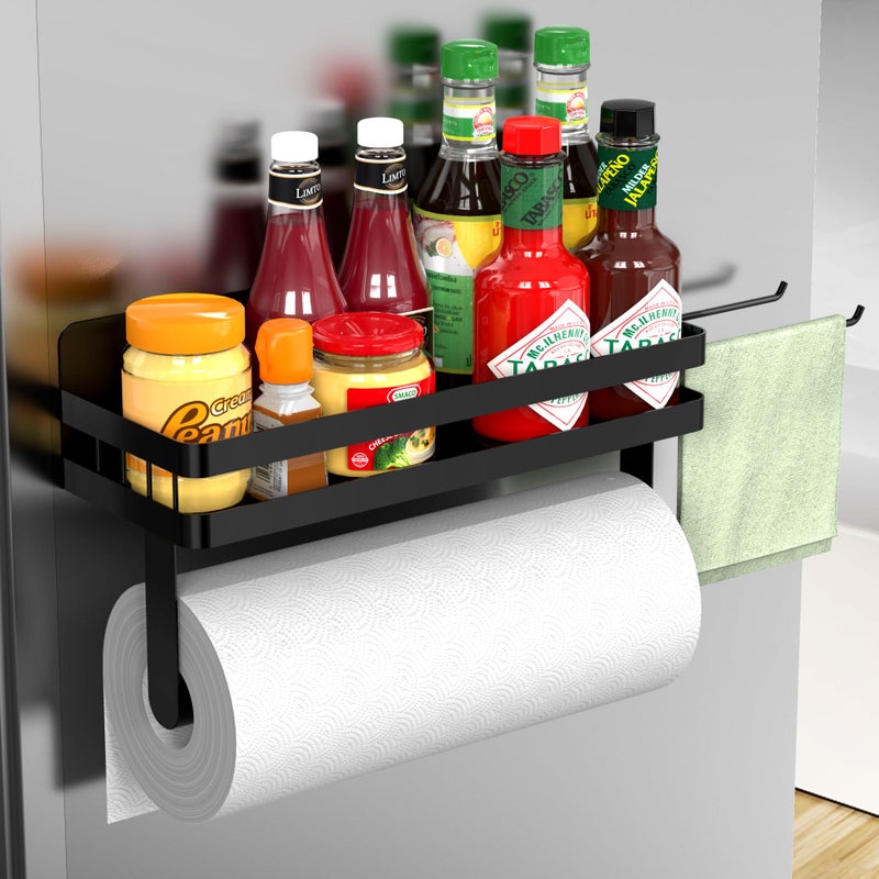 ZUNTO Magnetic Paper Towel Holder for Fridge Black Kitchen Organizer with Towel Roll Holder Spice Shelf and 2 Hanging RacksNo Drilling