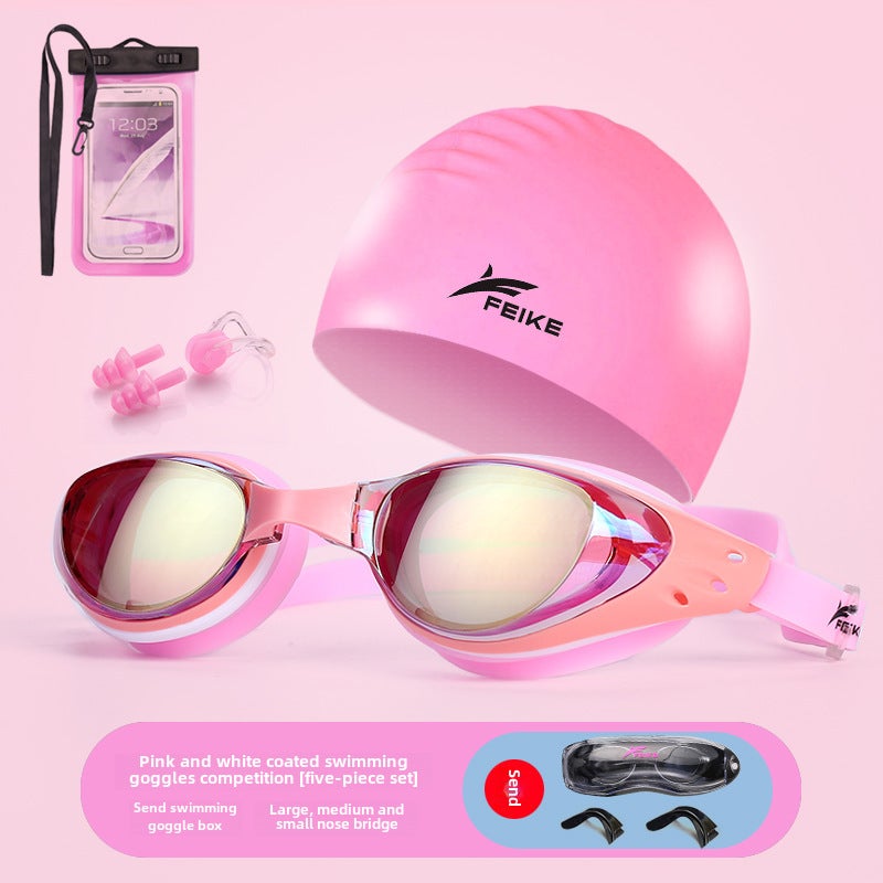 Generic New Waterproof Anti-Fog HD Womens Prescription Swim Goggles with Cap and Pouch SetElectroplated flat pink five-piece set Electroplated flat pink five-piece set 