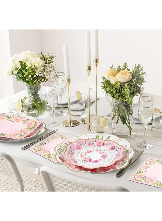 16 Piece White Kraft Paper Pink Floral Light Luxury Disposable Plates Set For Dinner Snack Dessert Birthday Party Picnic Camping Afternoon Tea - Image 1