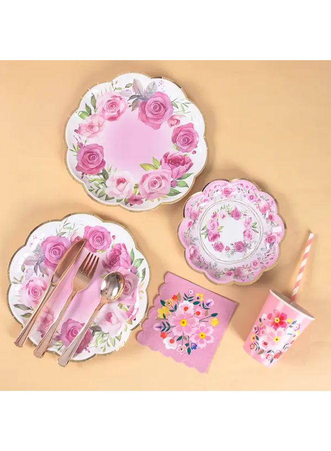 16 Piece White Kraft Paper Pink Floral Light Luxury Disposable Plates Set For Dinner Snack Dessert Birthday Party Picnic Camping Afternoon Tea - Image 2