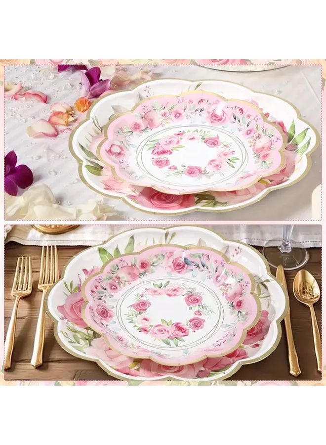 16 Piece White Kraft Paper Pink Floral Light Luxury Disposable Plates Set For Dinner Snack Dessert Birthday Party Picnic Camping Afternoon Tea - Image 4