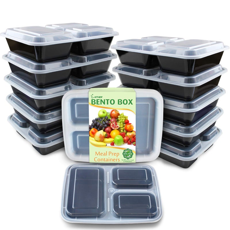 Enther Meal Prep Containers [12 Pack] 3 Compartment with Lids  Food Storage Bento Box | BPA Free | Stackable | Reusable Lunch Boxes  Microwave/Dishwasher/Freezer Safe Portion Control (36 oz) - Image 1