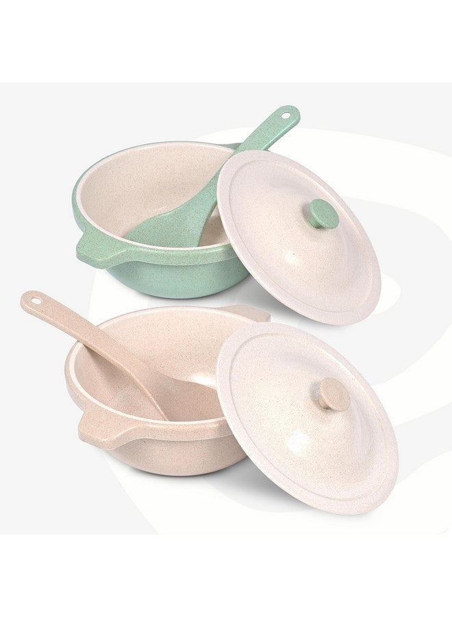 Eha Earth Friendly Serving Bowls with Lid | Microwave Safe | Made with Rice Husk and Bamboo Fibers | 1250 ml Each | Set of 2 | Sand-Celeste| Green Beige - Image 1