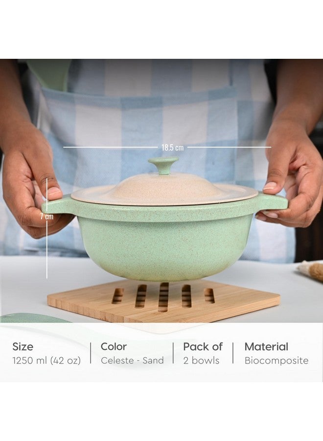 Eha Earth Friendly Serving Bowls with Lid | Microwave Safe | Made with Rice Husk and Bamboo Fibers | 1250 ml Each | Set of 2 | Sand-Celeste| Green Beige - Image 2