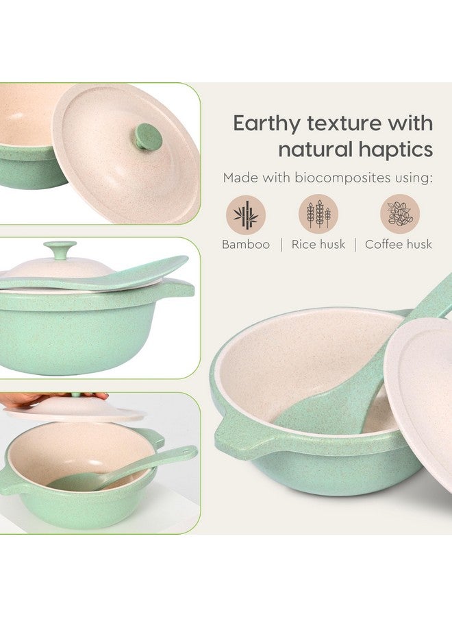 Eha Earth Friendly Serving Bowls with Lid | Microwave Safe | Made with Rice Husk and Bamboo Fibers | 1250 ml Each | Set of 2 | Sand-Celeste| Green Beige - Image 5