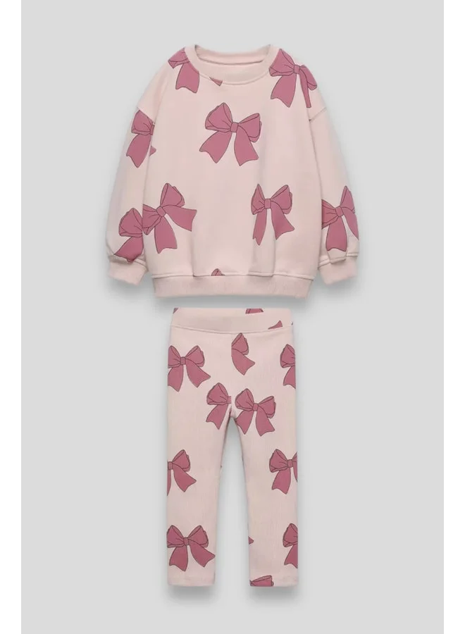 Magu Girls' Winter 3-Ply Cotton Sweatshirt and Leggings Set with Ribbon Pattern