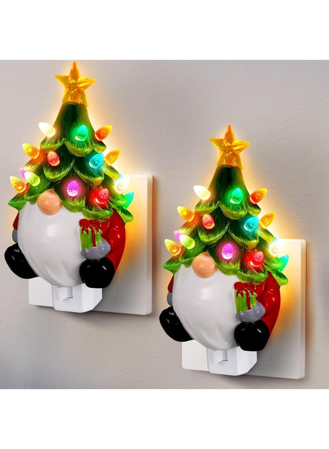 Bluejw 2 Pcs Ceramic Christmas Tree Gnome Night Light Santa Wear Xmas Tree Hat Christmas Night Lights Plug in Decorative Mini Ceramic Christmas Tree with Lights for Bathroom Bedroom Lighted Decor - Image 1