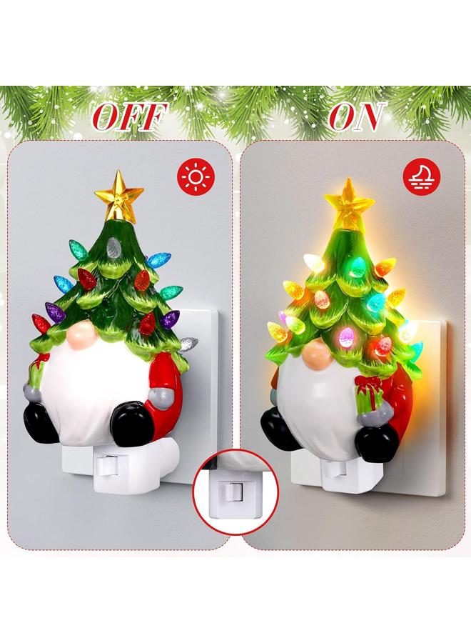Bluejw 2 Pcs Ceramic Christmas Tree Gnome Night Light Santa Wear Xmas Tree Hat Christmas Night Lights Plug in Decorative Mini Ceramic Christmas Tree with Lights for Bathroom Bedroom Lighted Decor - Image 3