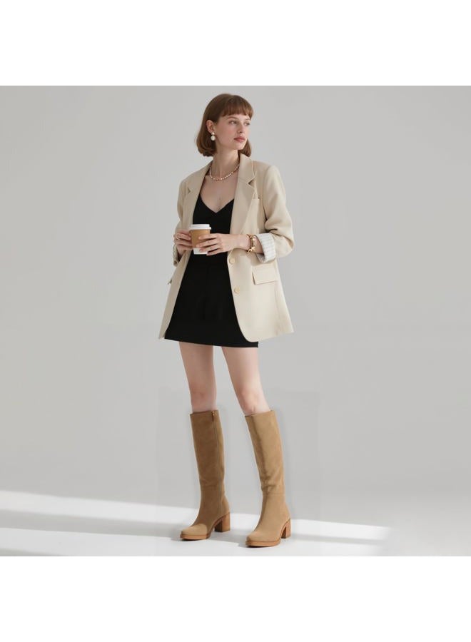 Easyfox Knee High Boots for Women 2.56" Chunky Heel Round Toe Side Zipper Fall Winter Dress Tall Boots for Women, Suede Camel, 11 - Image 3