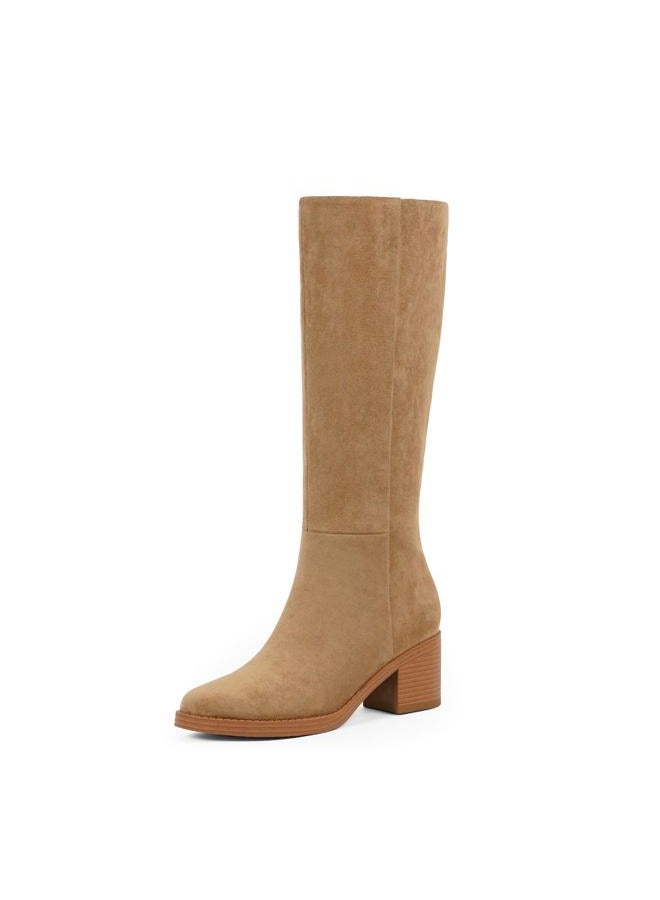 Easyfox Knee High Boots for Women 2.56" Chunky Heel Round Toe Side Zipper Fall Winter Dress Tall Boots for Women, Suede Camel, 11 - Image 1