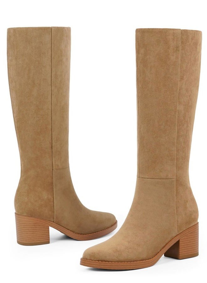 Easyfox Knee High Boots for Women 2.56" Chunky Heel Round Toe Side Zipper Fall Winter Dress Tall Boots for Women, Suede Camel, 11 - Image 5