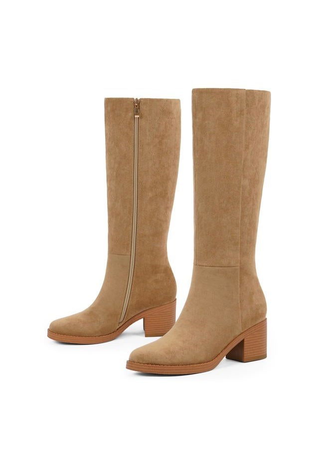 Easyfox Knee High Boots for Women 2.56" Chunky Heel Round Toe Side Zipper Fall Winter Dress Tall Boots for Women, Suede Camel, 11 - Image 4