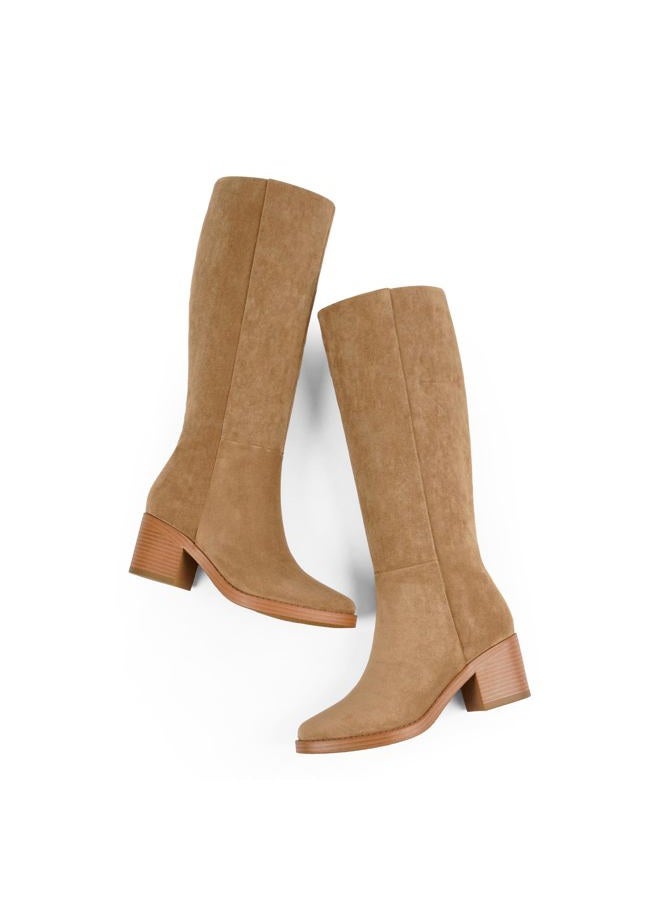 Easyfox Knee High Boots for Women 2.56" Chunky Heel Round Toe Side Zipper Fall Winter Dress Tall Boots for Women, Suede Camel, 11 - Image 2