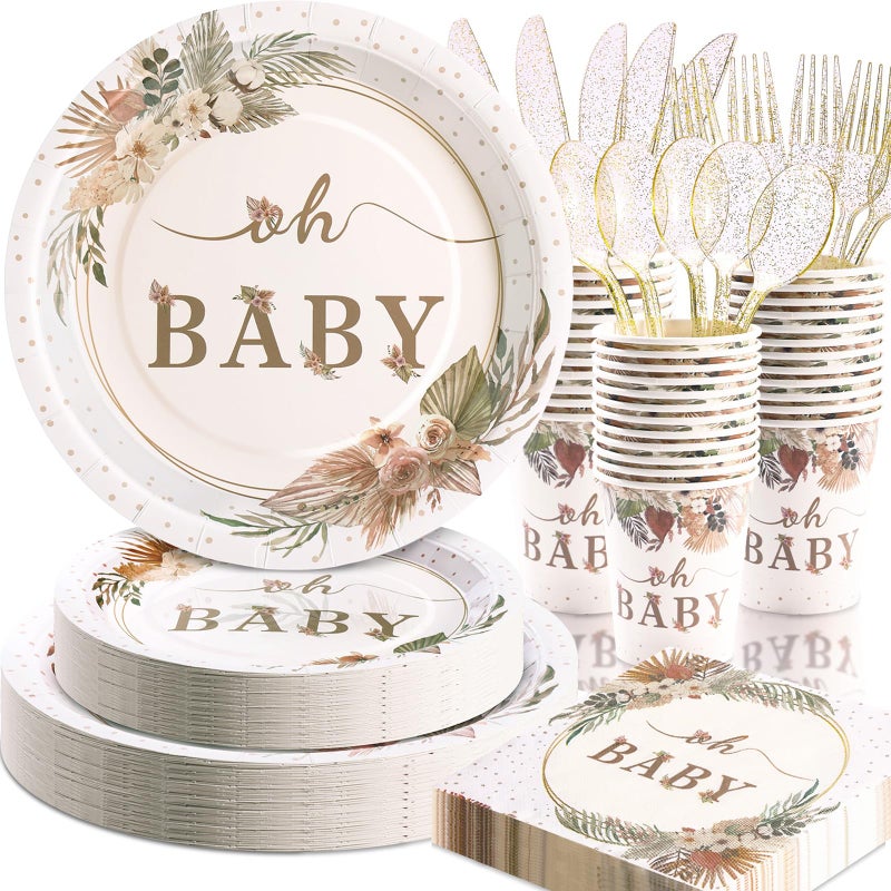 Gudvilla 168 Pcs Boho Its A Girl Baby Shower Decorations  Boho Baby Shower Plates and Cups and Napkins Sets  for Baby In Bloom Oh Baby Western Girl  Summer Fall Woodsy Rustic Neutral  Serves 24 - Image 1