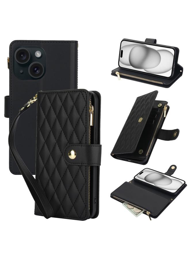 S-TOP Case For iPhone 15 Plus YM016 Rhombic Zipper Card Wallet Leather Phone Case with Lanyard - Image 1
