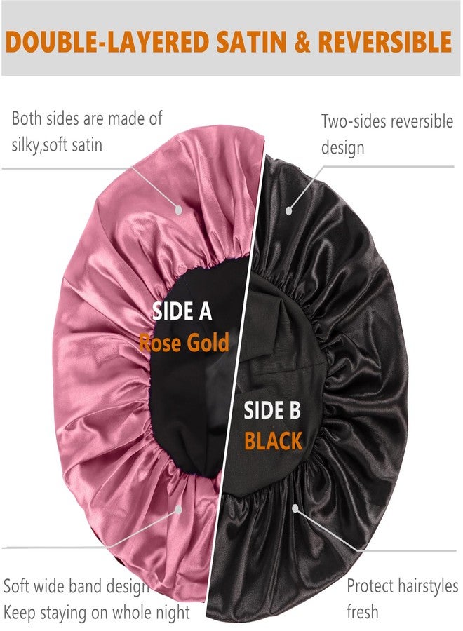 هيموسويس قبعة نوم للرجال، قبعة نوم للشعر، قبعات ساتان مزدوجة الطبقات للنساء ذوات الشعر الأسود المجعد والضفائر، قبعة نوم قابلة للعكس (كبيرة، أسود/ذهبي وردي) - Image 2