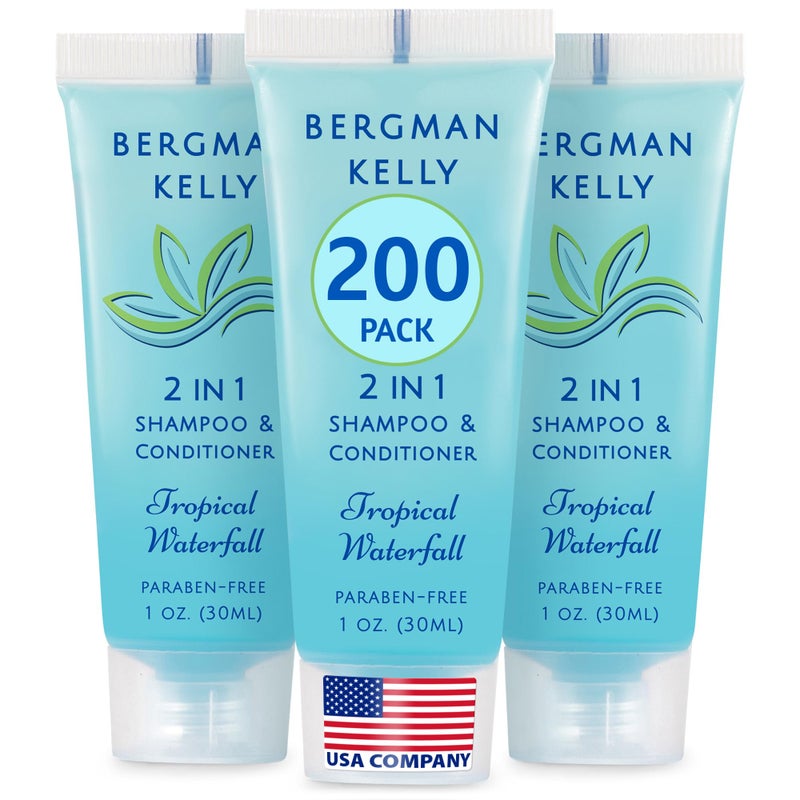 Bergman Kelly - Travel Size 2 in 1 Shampoo & Conditioner - 1 fl oz, 200 PK, Tropical Waterfall - Delight Your Guests w/Invigorating & Refreshing Shampoo Amenities - Small Hotel Toiletries in Bulk - Image 1