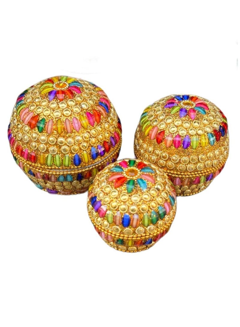 Round jewelry and storage box set studded with colored crystals (3-piece set in different sizes) - Image 1