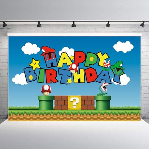 OULUN Super Bros Happy Birthday Party Backdrop, Baby Shower Cake Table Decoration Supplies, Super Bros Themed Banner (5X3FT) - Image 3