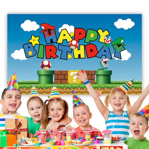 OULUN Super Bros Happy Birthday Party Backdrop, Baby Shower Cake Table Decoration Supplies, Super Bros Themed Banner (5X3FT) - Image 5