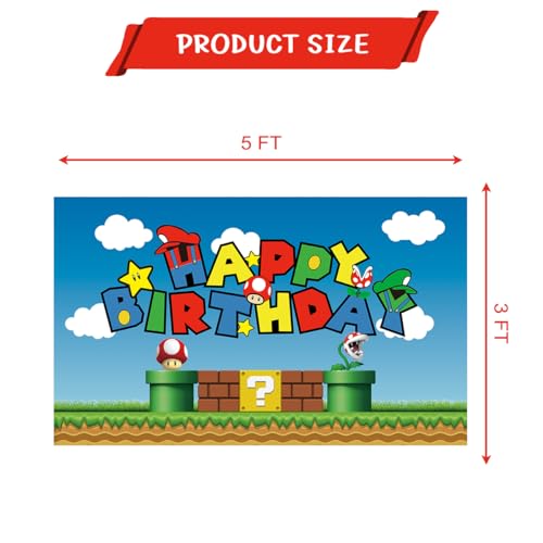 OULUN Super Bros Happy Birthday Party Backdrop, Baby Shower Cake Table Decoration Supplies, Super Bros Themed Banner (5X3FT) - Image 2