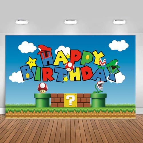 OULUN Super Bros Happy Birthday Party Backdrop, Baby Shower Cake Table Decoration Supplies, Super Bros Themed Banner (5X3FT) - Image 4