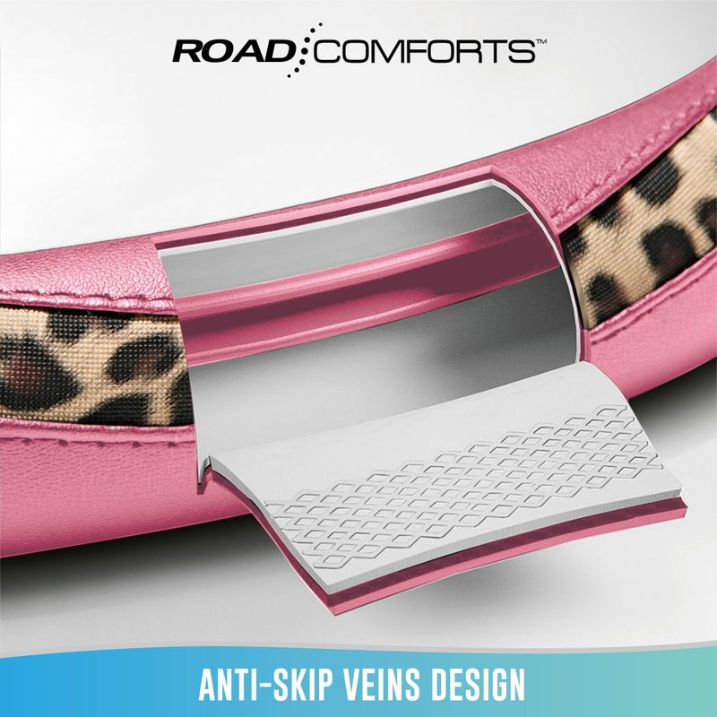Road Comforts Steering Wheel Cover - Made with PVC Leather and Leopard Fabric - Universal 14 1/2 inches to 15 inches for Most Automotive Steering Wheel - Cheetah Print -Pink - Image 4