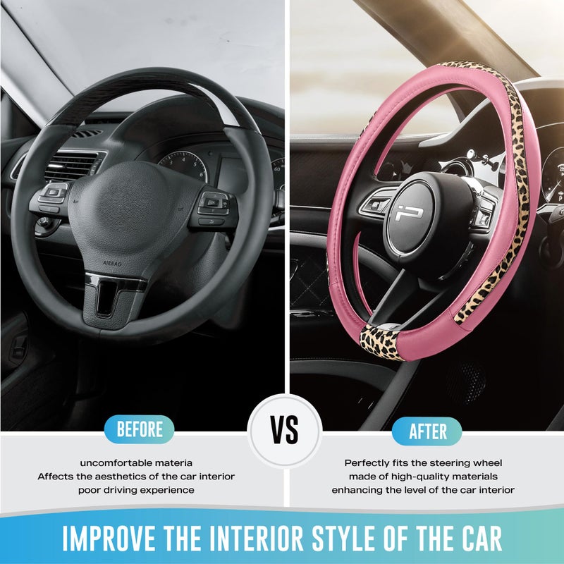 Road Comforts Steering Wheel Cover - Made with PVC Leather and Leopard Fabric - Universal 14 1/2 inches to 15 inches for Most Automotive Steering Wheel - Cheetah Print -Pink - Image 3
