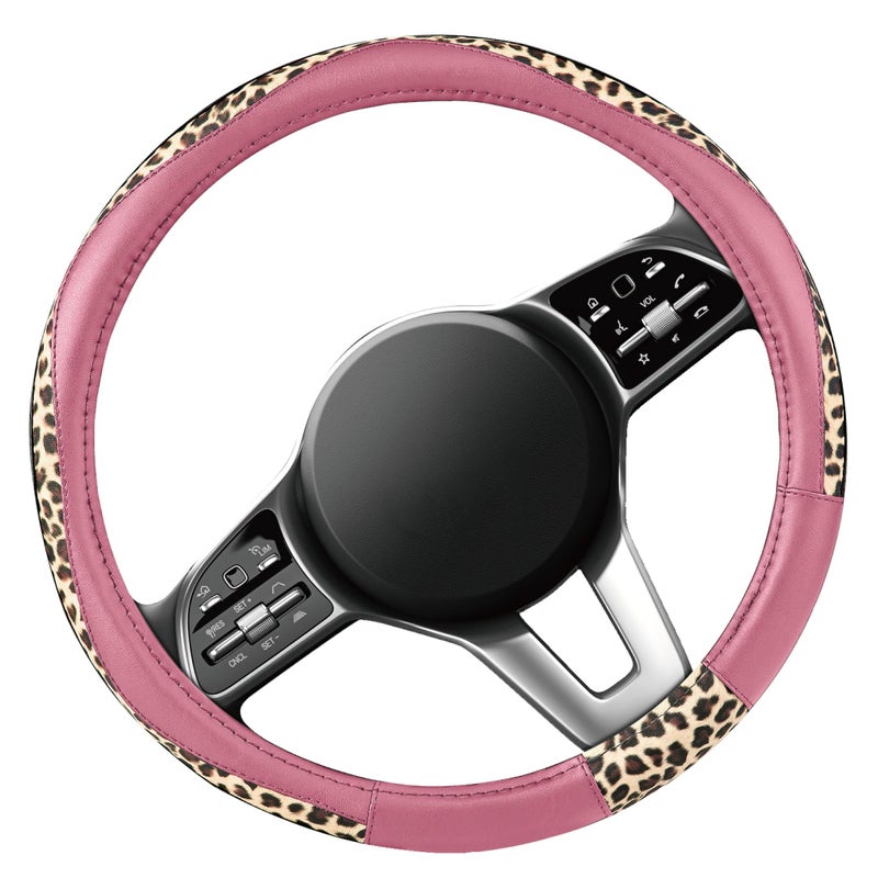 Road Comforts Steering Wheel Cover - Made with PVC Leather and Leopard Fabric - Universal 14 1/2 inches to 15 inches for Most Automotive Steering Wheel - Cheetah Print -Pink - Image 2