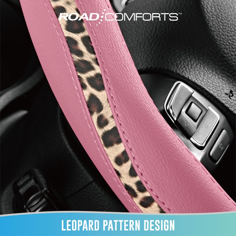 Road Comforts Steering Wheel Cover - Made with PVC Leather and Leopard Fabric - Universal 14 1/2 inches to 15 inches for Most Automotive Steering Wheel - Cheetah Print -Pink - Image 5