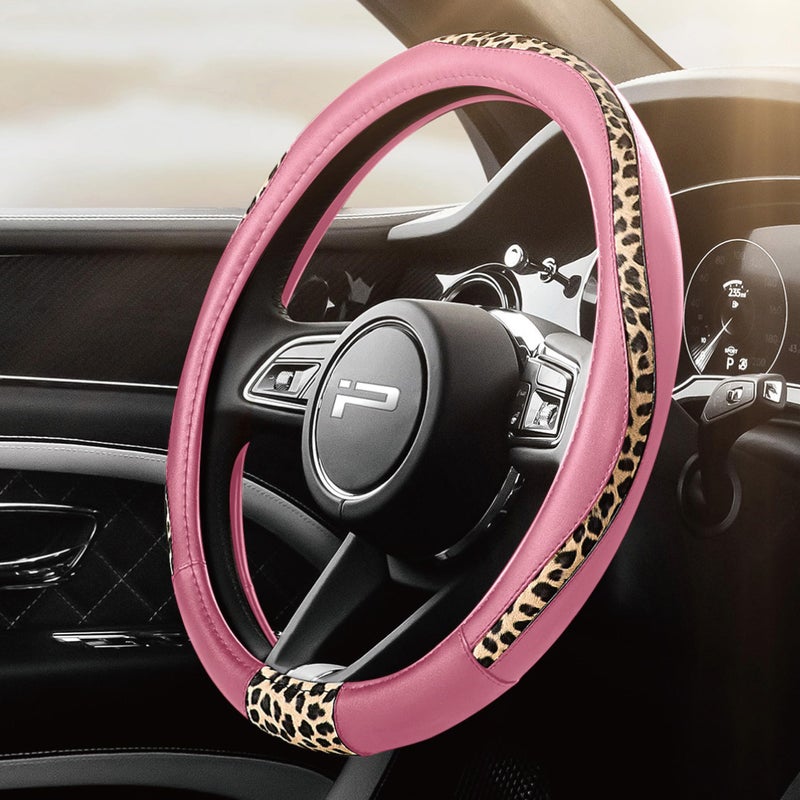 Road Comforts Steering Wheel Cover - Made with PVC Leather and Leopard Fabric - Universal 14 1/2 inches to 15 inches for Most Automotive Steering Wheel - Cheetah Print -Pink - Image 1