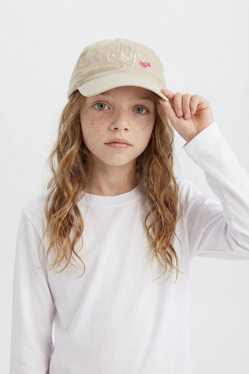 DeFacto Beige Girl Girl Embroidered Cotton Cap Casual - Image 1