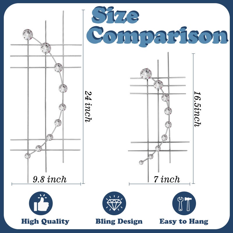 ZEXUIRU 4 Set Bling Metal Wall Art Jeweled Crystal Hang Wall Decor Rhinestone Diamond Iron Abstract Wall Sculpture 16.7 * 7inch Silver - Image 4