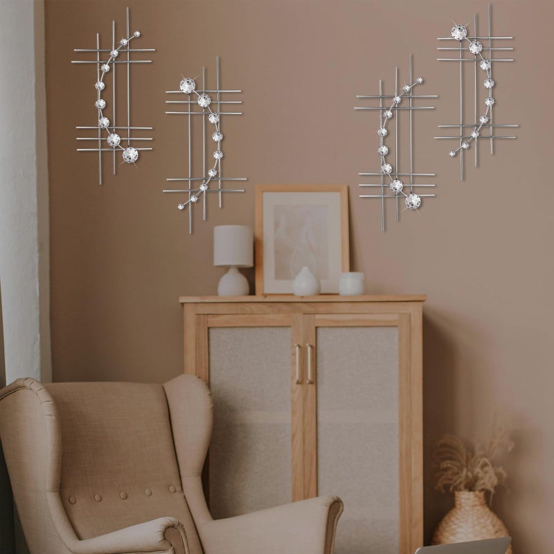 ZEXUIRU 4 Set Bling Metal Wall Art Jeweled Crystal Hang Wall Decor Rhinestone Diamond Iron Abstract Wall Sculpture 16.7 * 7inch Silver - Image 3