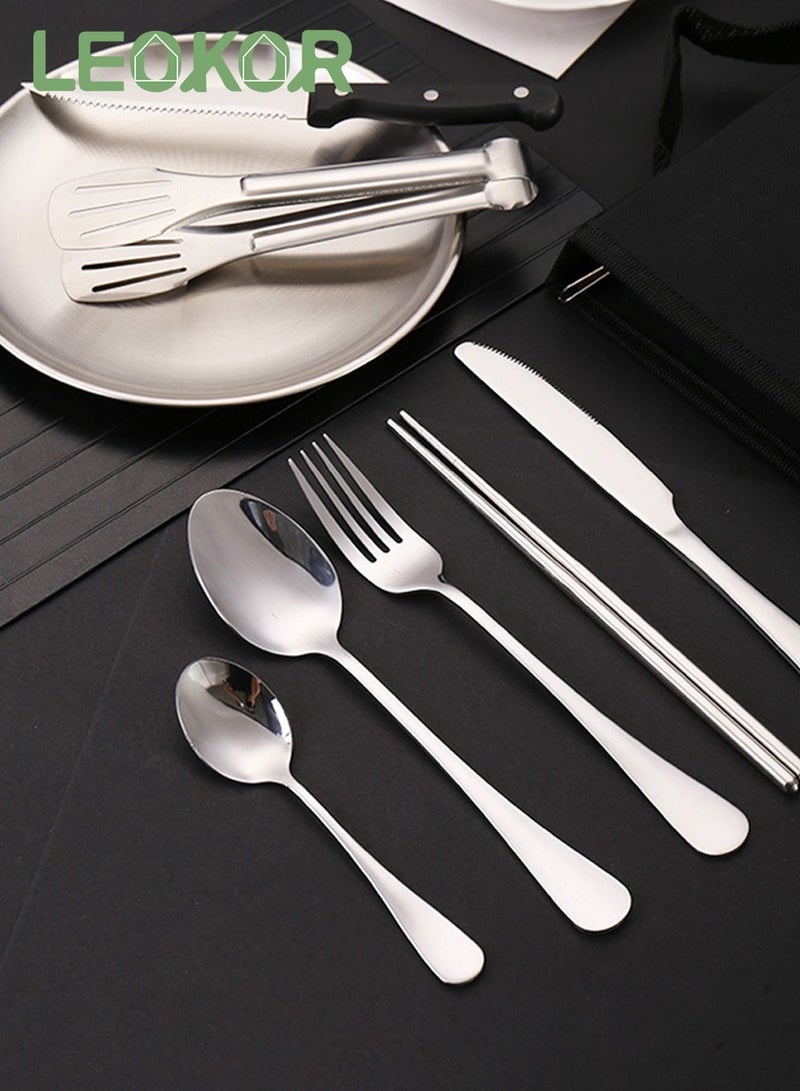 LEOKOR طقم أدوات مائدة للتخييم مكون من 10 قطع مع حقيبة تخزين محمولة طقم أدوات مائدة من الفولاذ المقاوم للصدأ لشخصين لمطبخ المخيم والشواء - Image 2